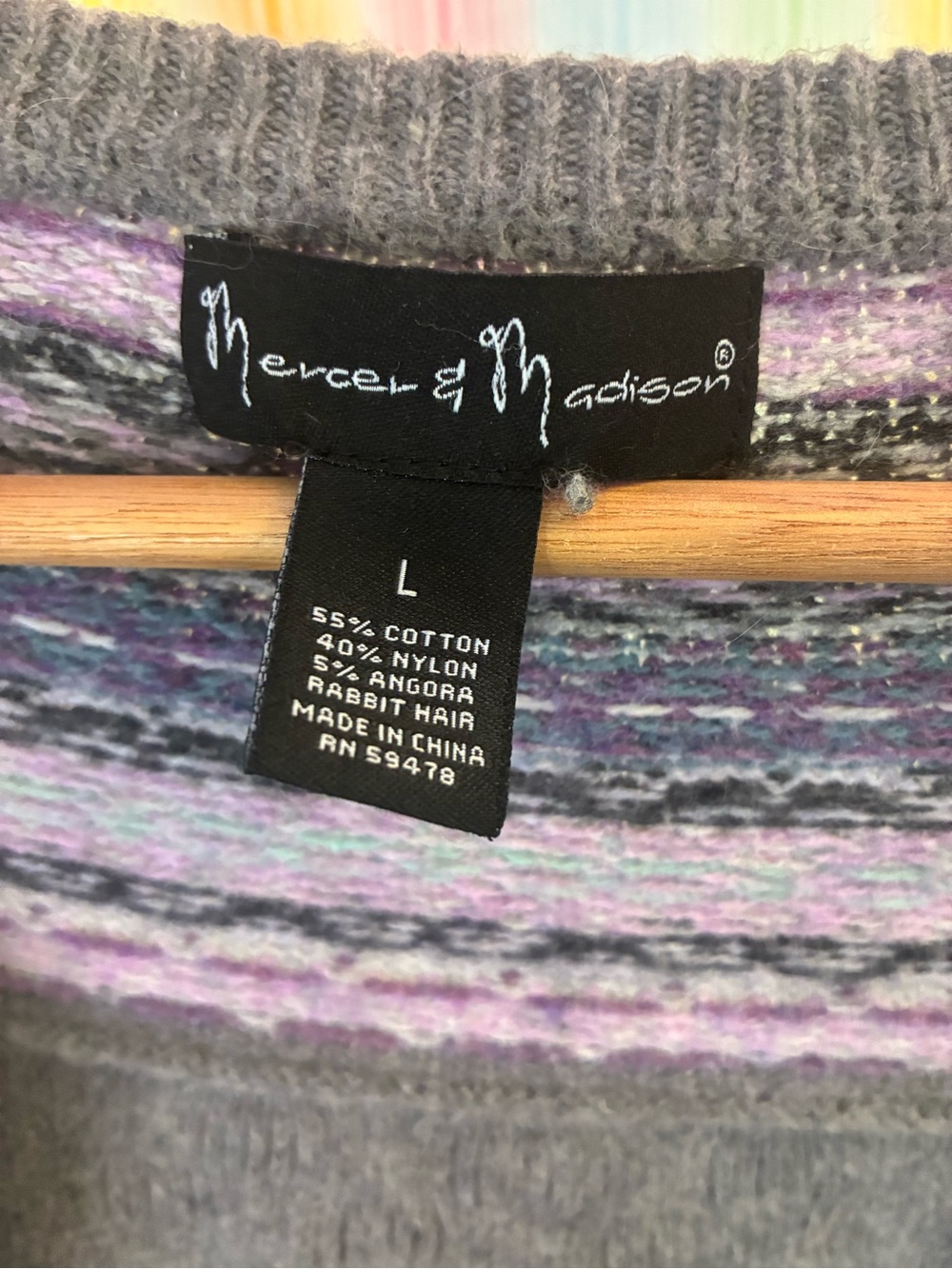 Mercer & Madison grey Angora knit cardigan w/ lavender trim, size L - Picture 3 of 8